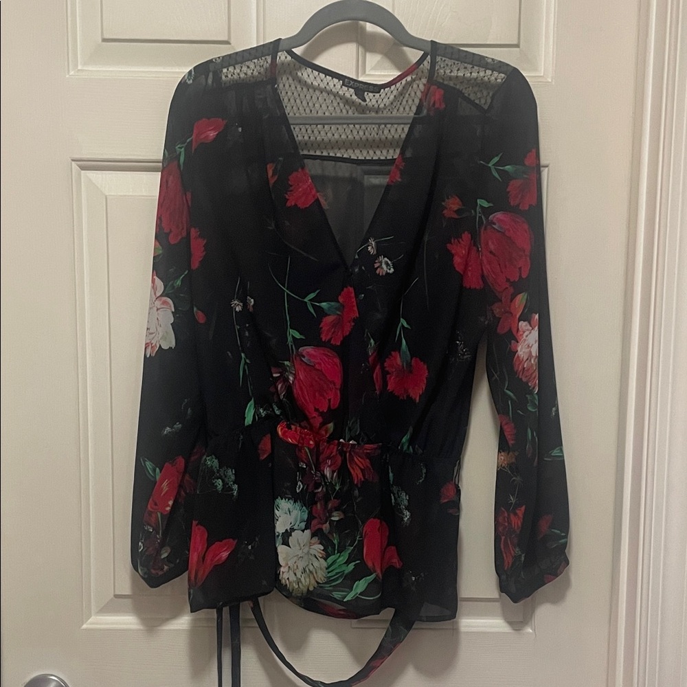 Express Floral Black and Red Women's Top